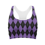 Black And Purple Argyle Pattern Print Women's Sports Bra