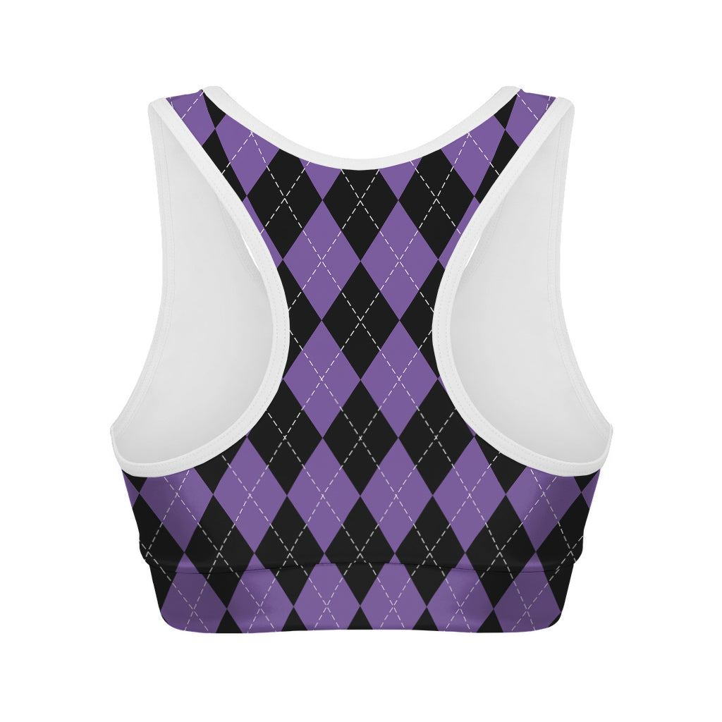 Black And Purple Argyle Pattern Print Women's Sports Bra