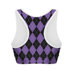 Black And Purple Argyle Pattern Print Women's Sports Bra