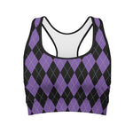 Black And Purple Argyle Pattern Print Women's Sports Bra