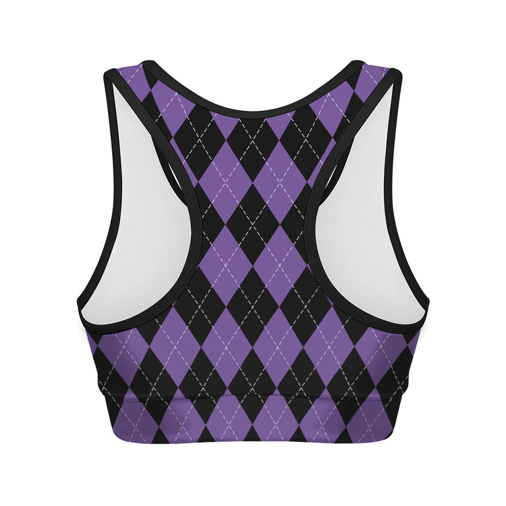 Black And Purple Argyle Pattern Print Women's Sports Bra