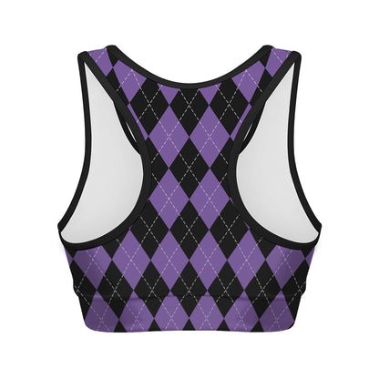 Black And Purple Argyle Pattern Print Women's Sports Bra