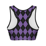 Black And Purple Argyle Pattern Print Women's Sports Bra