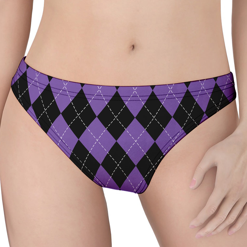 Black And Purple Argyle Pattern Print Women's Thong