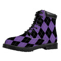 Black And Purple Argyle Pattern Print Padded Collar Lace Up Boots