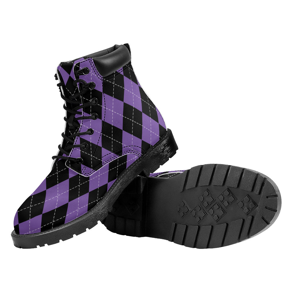 Black And Purple Argyle Pattern Print Work Boots