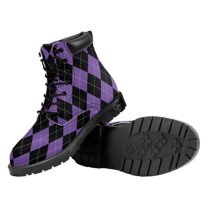 Black And Purple Argyle Pattern Print Work Boots