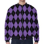 Black And Purple Argyle Pattern Print Zip Sleeve Bomber Jacket