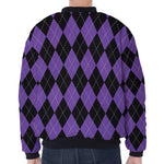 Black And Purple Argyle Pattern Print Zip Sleeve Bomber Jacket