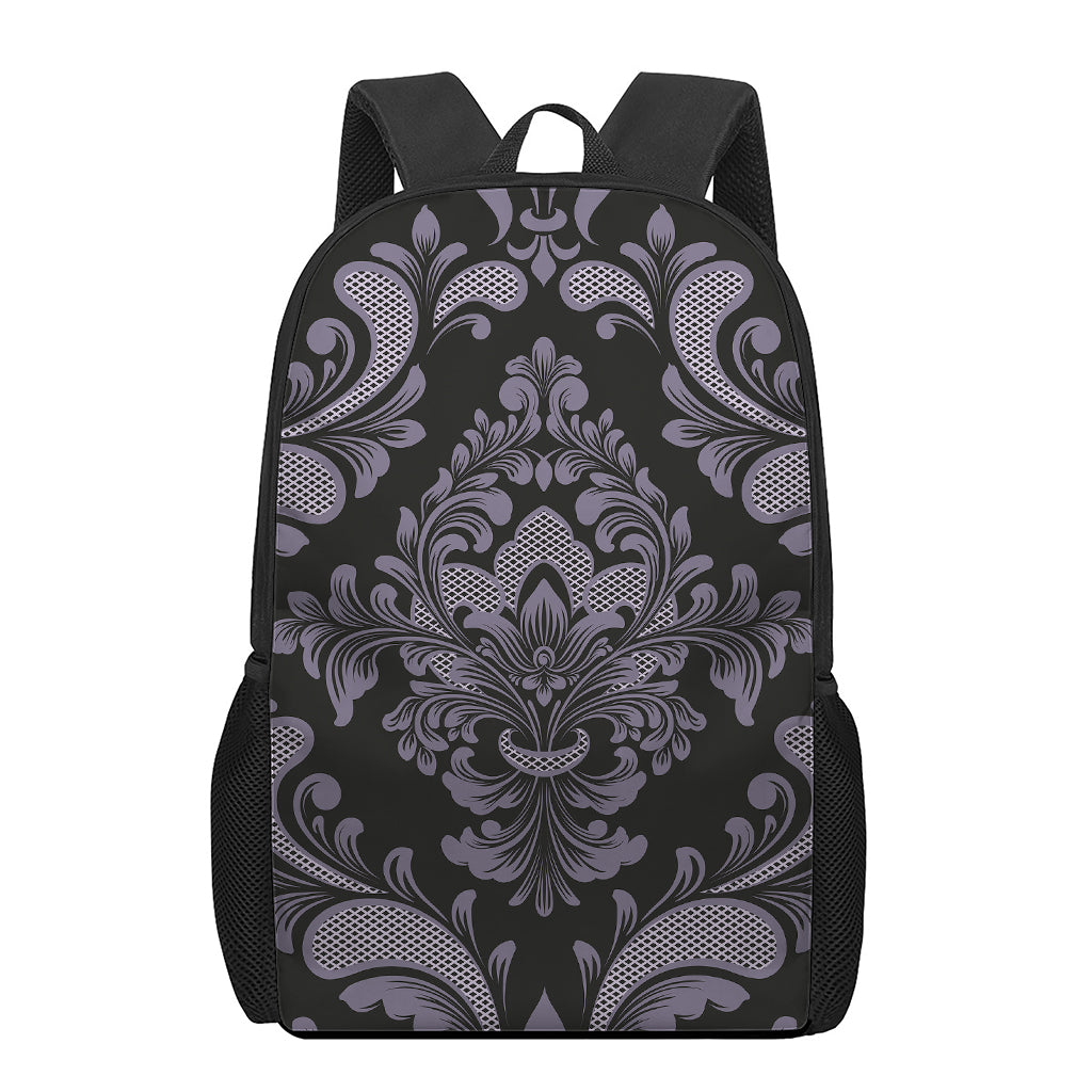 Black And Purple Damask Pattern Print 17 Inch Backpack
