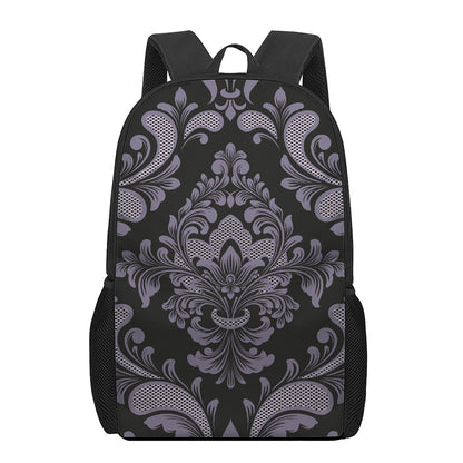 Black And Purple Damask Pattern Print 17 Inch Backpack