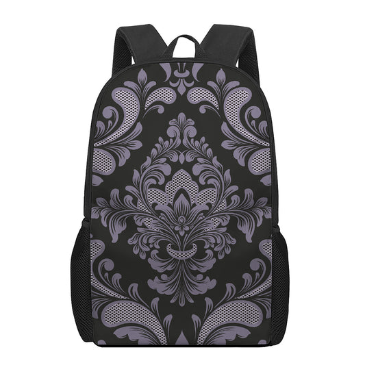 Black And Purple Damask Pattern Print 17 Inch Backpack