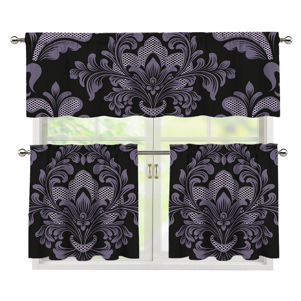 Black And Purple Damask Pattern Print 3 Piece Kitchen Curtains