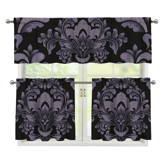 Black And Purple Damask Pattern Print 3 Piece Kitchen Curtains