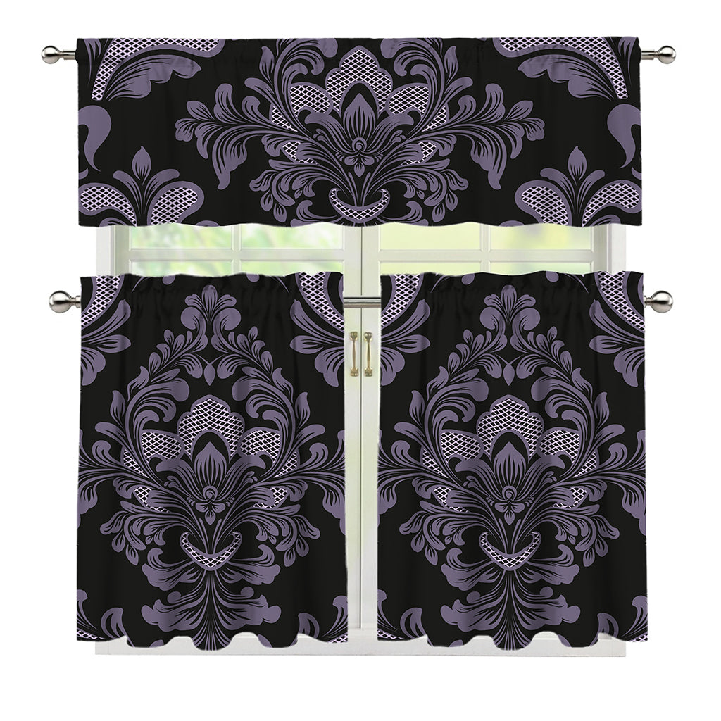 Black And Purple Damask Pattern Print 3 Piece Kitchen Curtains