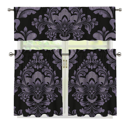 Black And Purple Damask Pattern Print 3 Piece Kitchen Curtains