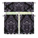 Black And Purple Damask Pattern Print 3 Piece Kitchen Curtains