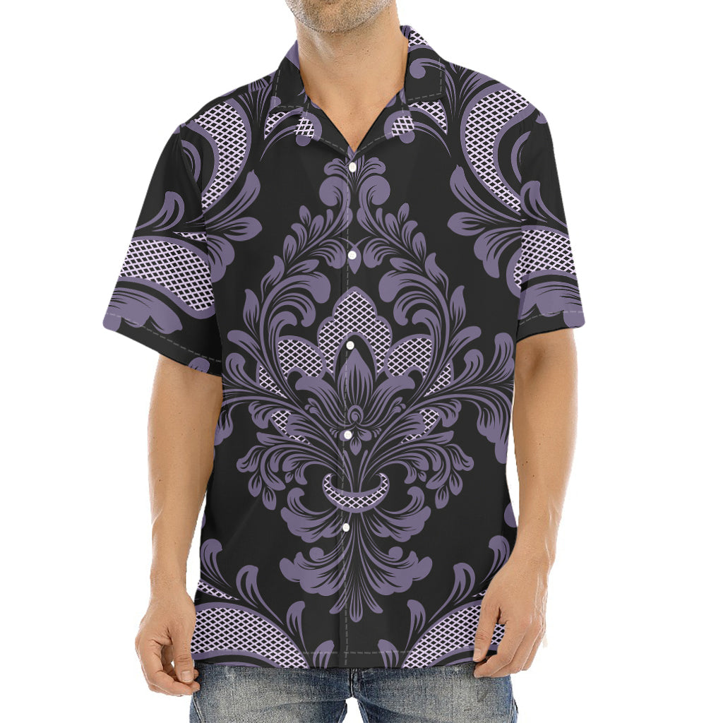 Black And Purple Damask Pattern Print Aloha Shirt