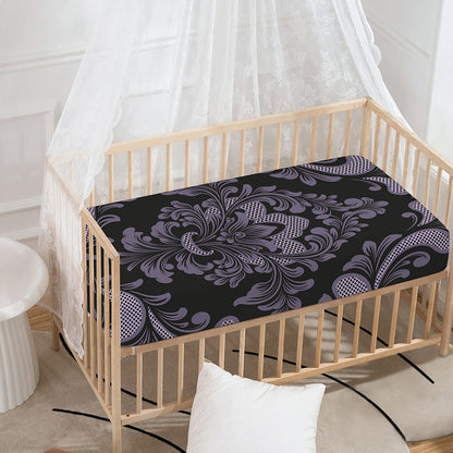 Black And Purple Damask Pattern Print Baby Crib Sheet