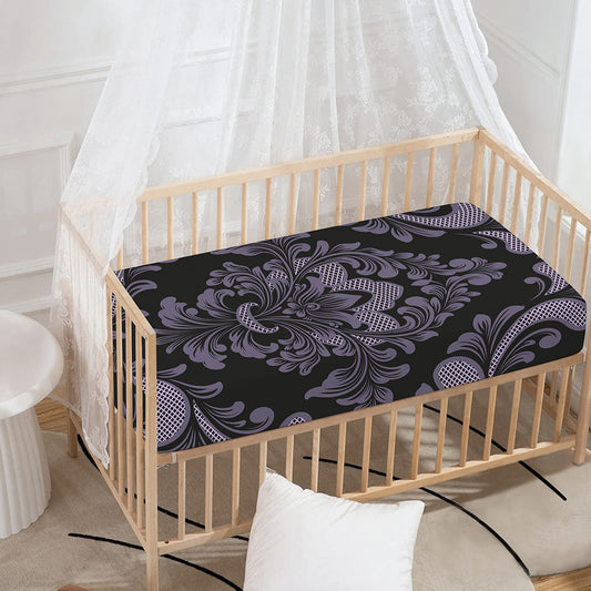 Black And Purple Damask Pattern Print Baby Crib Sheet