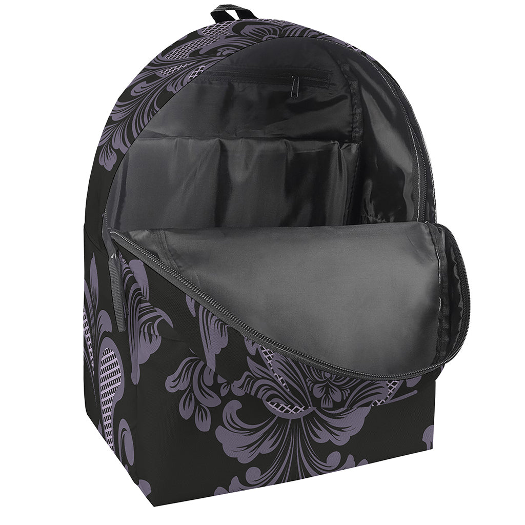 Black And Purple Damask Pattern Print Backpack