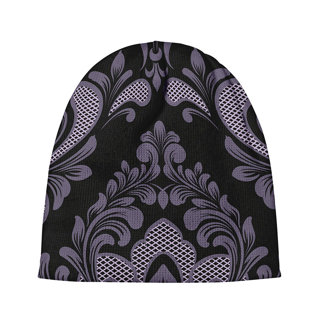 Black And Purple Damask Pattern Print Beanie