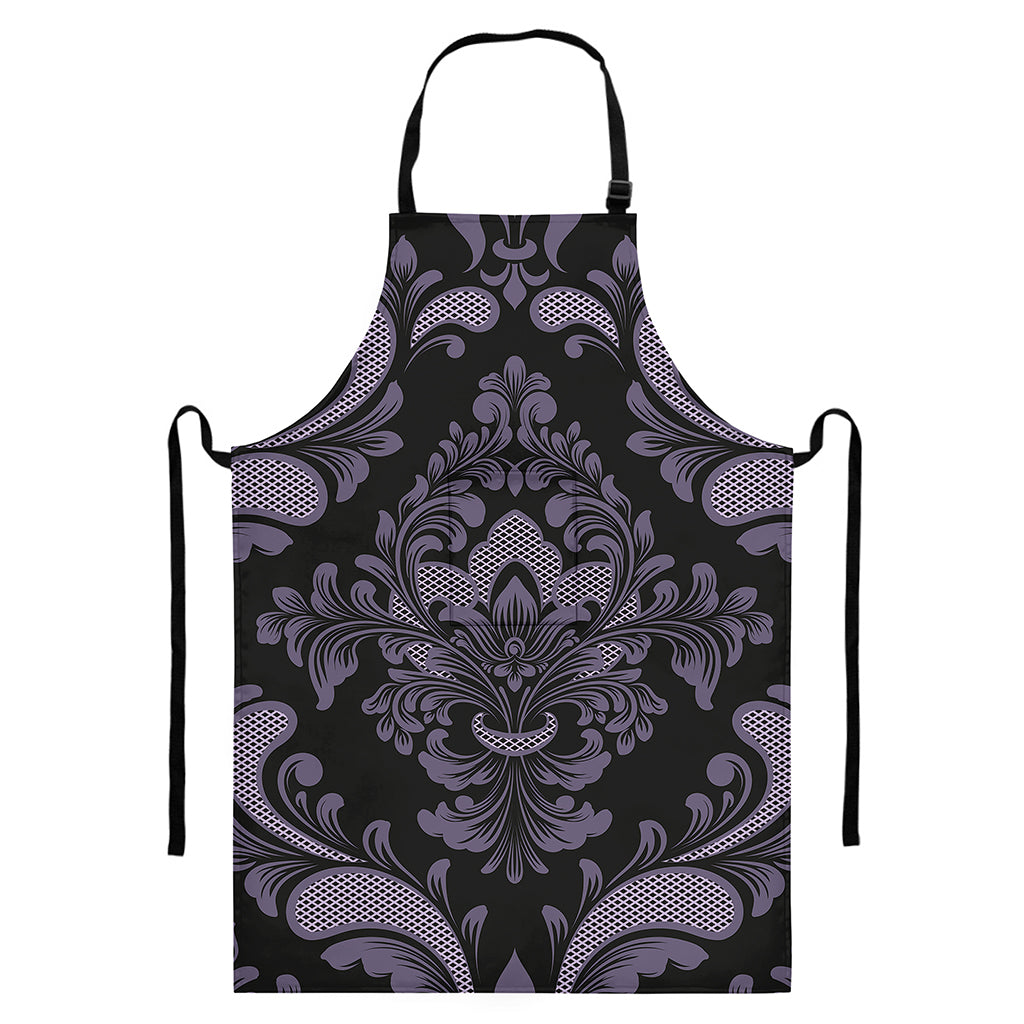 Black And Purple Damask Pattern Print Bib Apron With Pocket