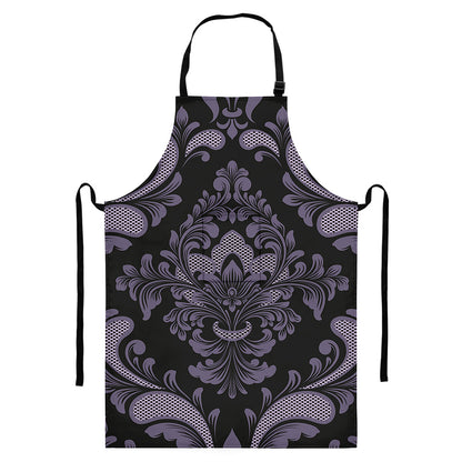 Black And Purple Damask Pattern Print Bib Apron With Pocket