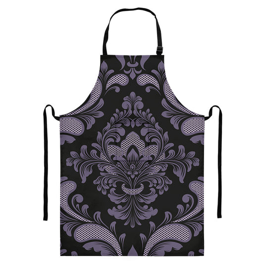 Black And Purple Damask Pattern Print Bib Apron With Pocket