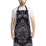 Black And Purple Damask Pattern Print Bib Apron With Pocket