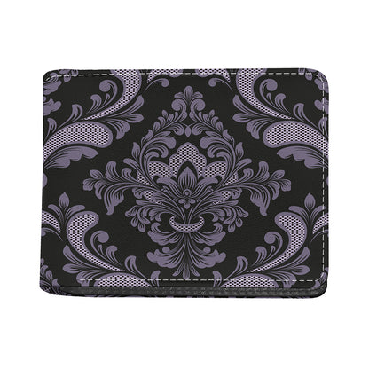 Black And Purple Damask Pattern Print Bifold Wallet