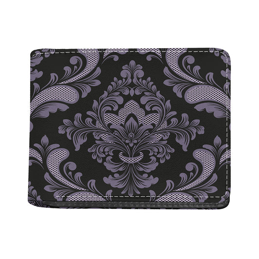 Black And Purple Damask Pattern Print Bifold Wallet