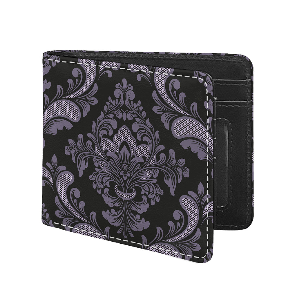 Black And Purple Damask Pattern Print Bifold Wallet