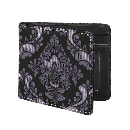Black And Purple Damask Pattern Print Bifold Wallet