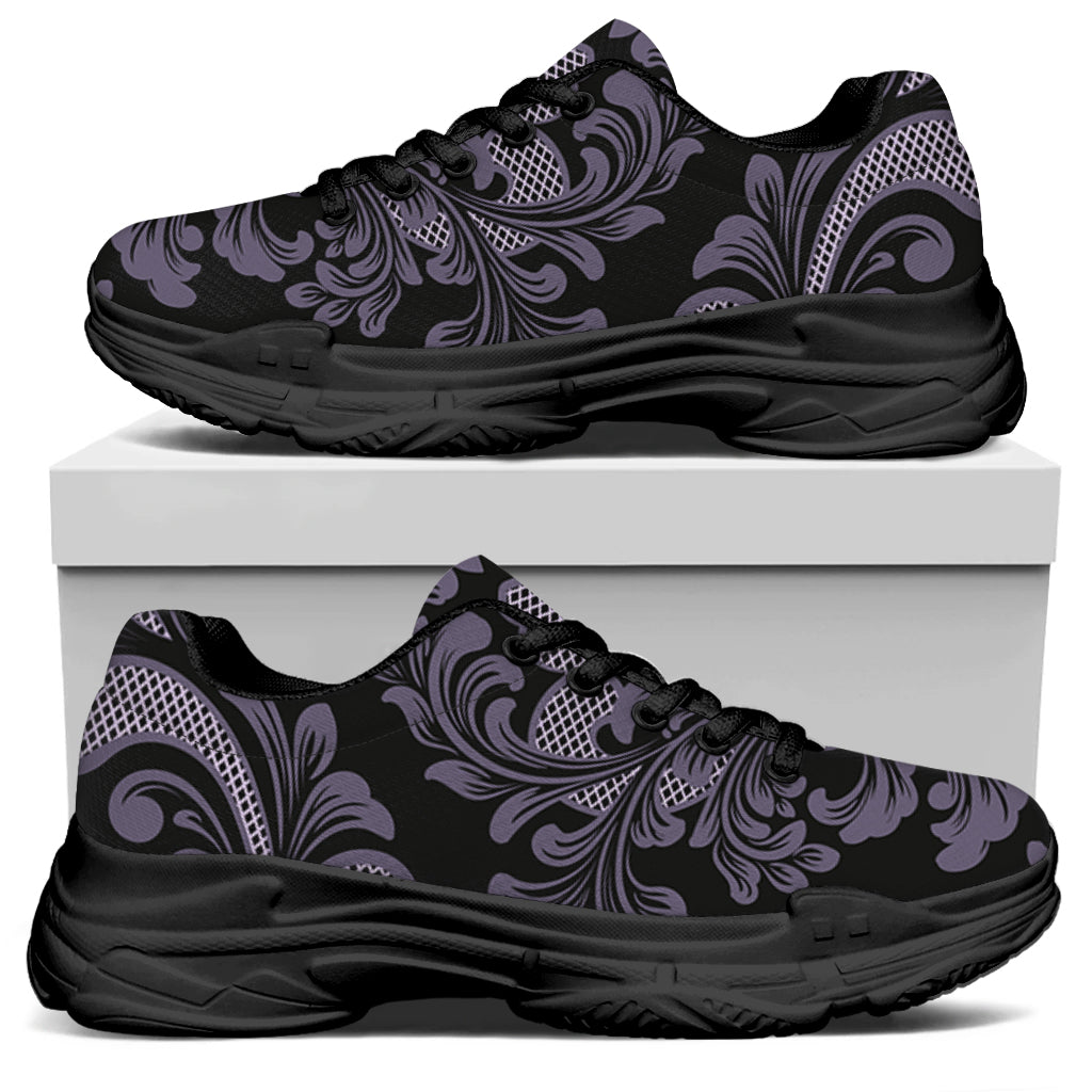 Black And Purple Damask Pattern Print Black Chunky Shoes