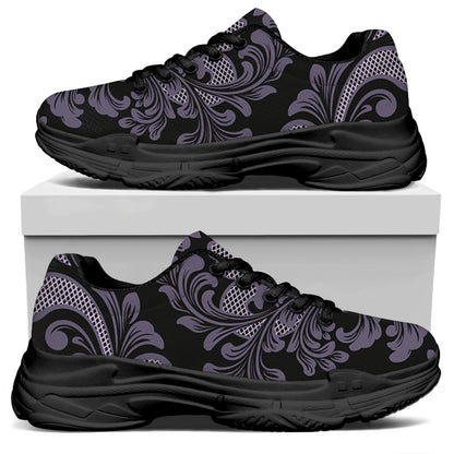 Black And Purple Damask Pattern Print Black Chunky Shoes