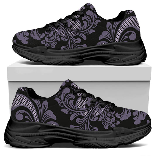 Black And Purple Damask Pattern Print Black Chunky Shoes
