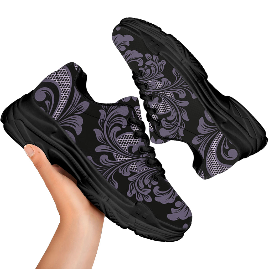 Black And Purple Damask Pattern Print Black Chunky Shoes
