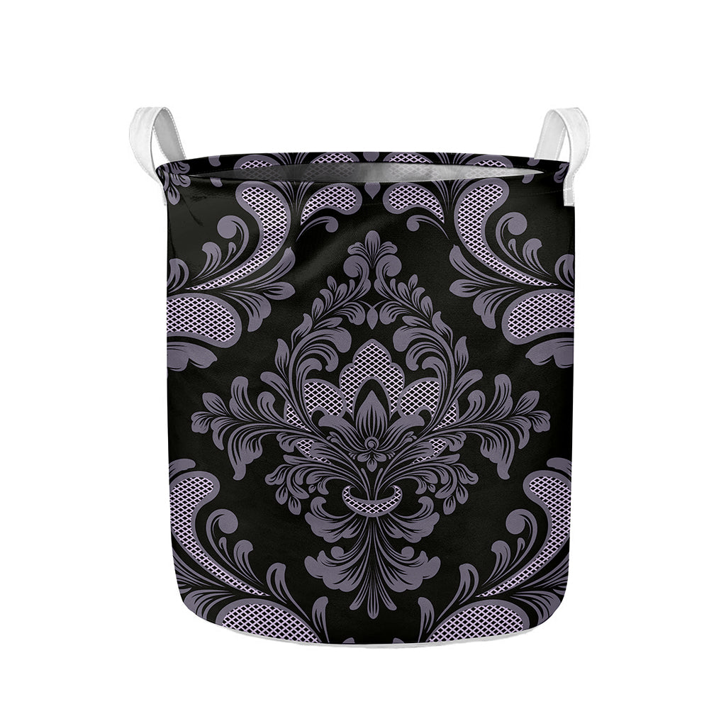 Black And Purple Damask Pattern Print Collapsible Laundry Basket