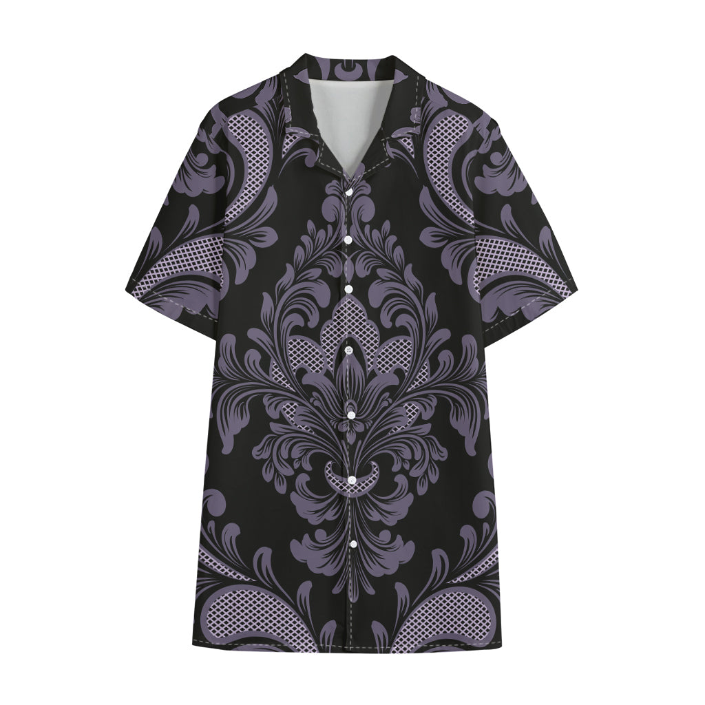 Black And Purple Damask Pattern Print Cotton Hawaiian Shirt