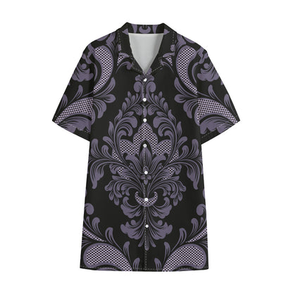 Black And Purple Damask Pattern Print Cotton Hawaiian Shirt