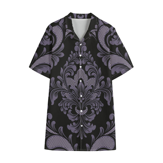 Black And Purple Damask Pattern Print Cotton Hawaiian Shirt