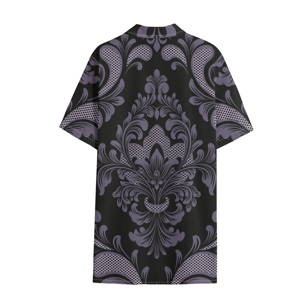 Black And Purple Damask Pattern Print Cotton Hawaiian Shirt