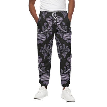 Black And Purple Damask Pattern Print Cotton Pants
