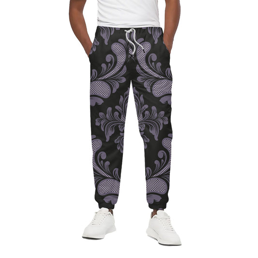 Black And Purple Damask Pattern Print Cotton Pants