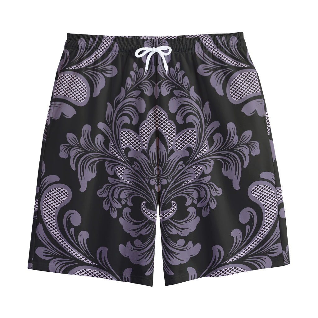 Black And Purple Damask Pattern Print Cotton Shorts