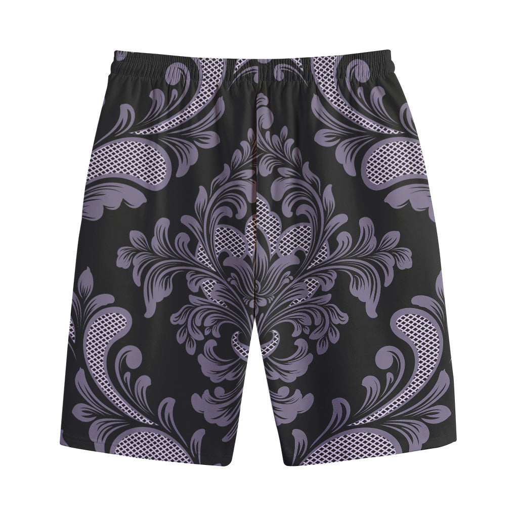 Black And Purple Damask Pattern Print Cotton Shorts