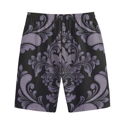 Black And Purple Damask Pattern Print Cotton Shorts