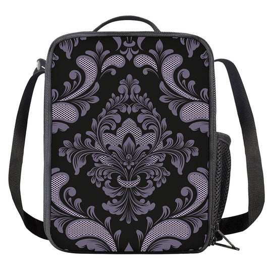 Black And Purple Damask Pattern Print Crossbody Lunch Bag