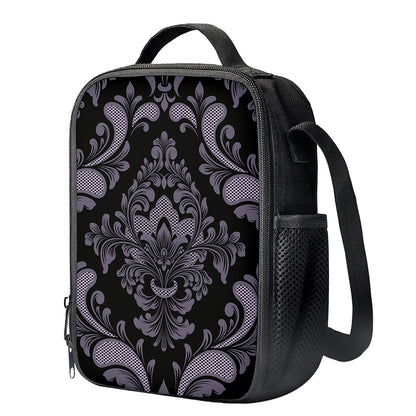 Black And Purple Damask Pattern Print Crossbody Lunch Bag